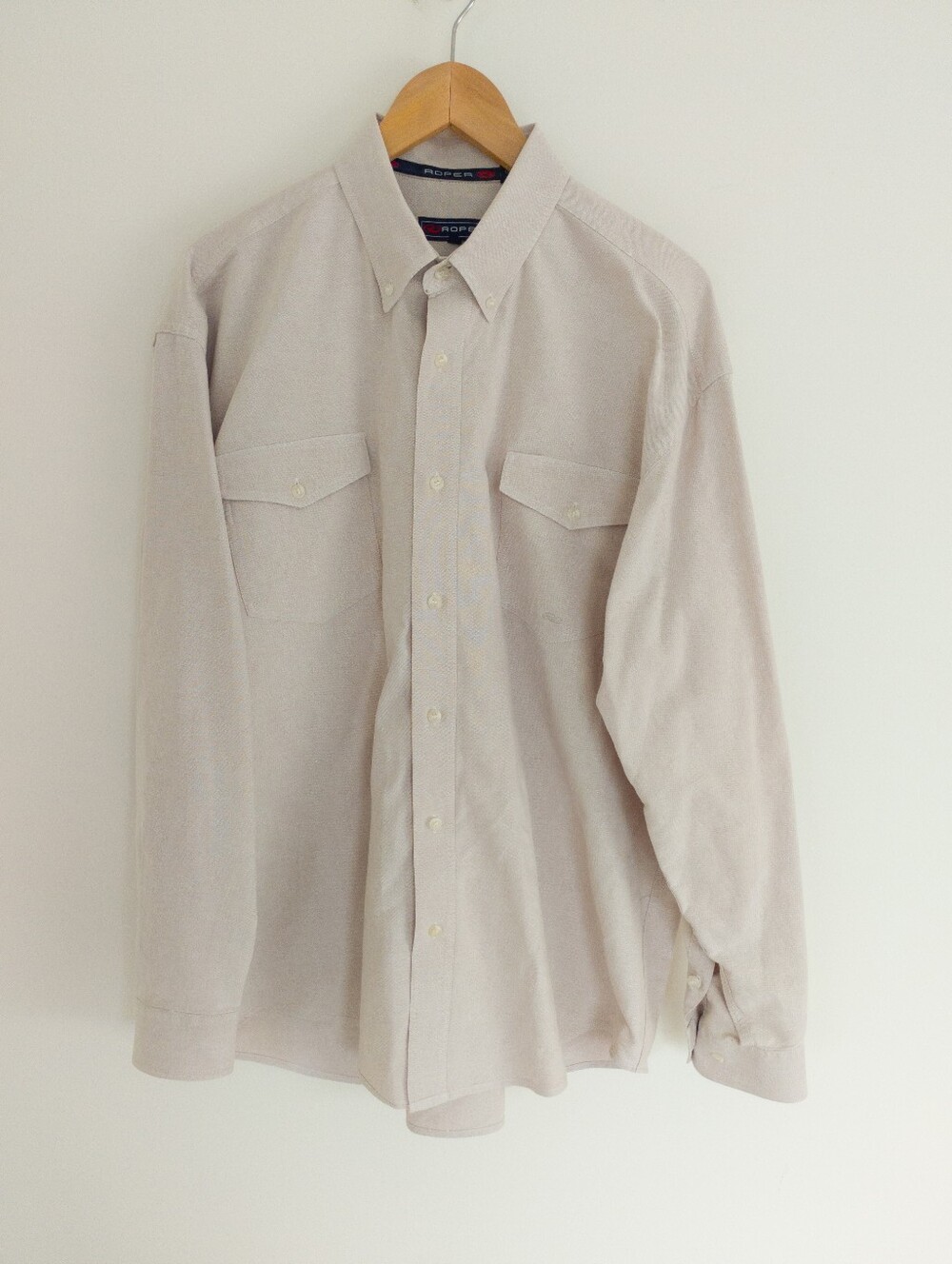 Roper Mens XL Beige Tan Cotton Button Down Western Shirt Long Sleeve Pockets